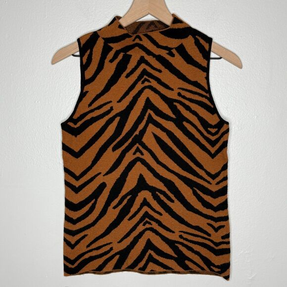 Carmen Marc Valvo Womens Mock‎ Neck Top Small Brown Black Zebra Thick Sleeveless - Picture 1 of 8